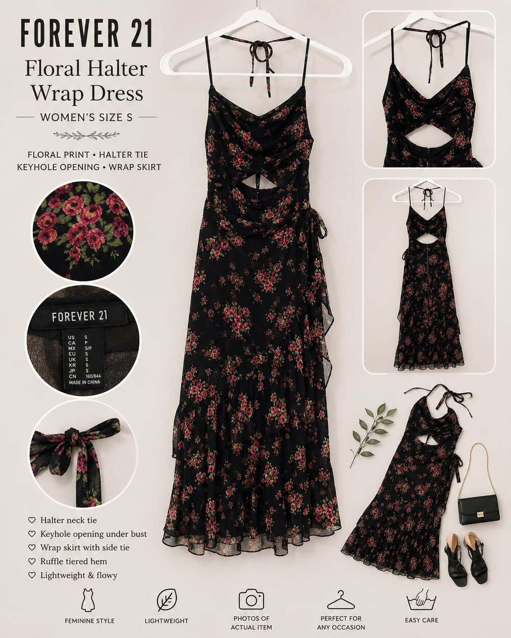 Forever 21 Floral Halter Wrap Dress with Keyhole and Ruffle Hem